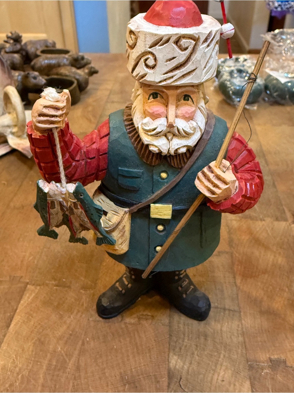 MidWest Holiday Fisherman Santa Figurine - Green & Red Fishing Santa